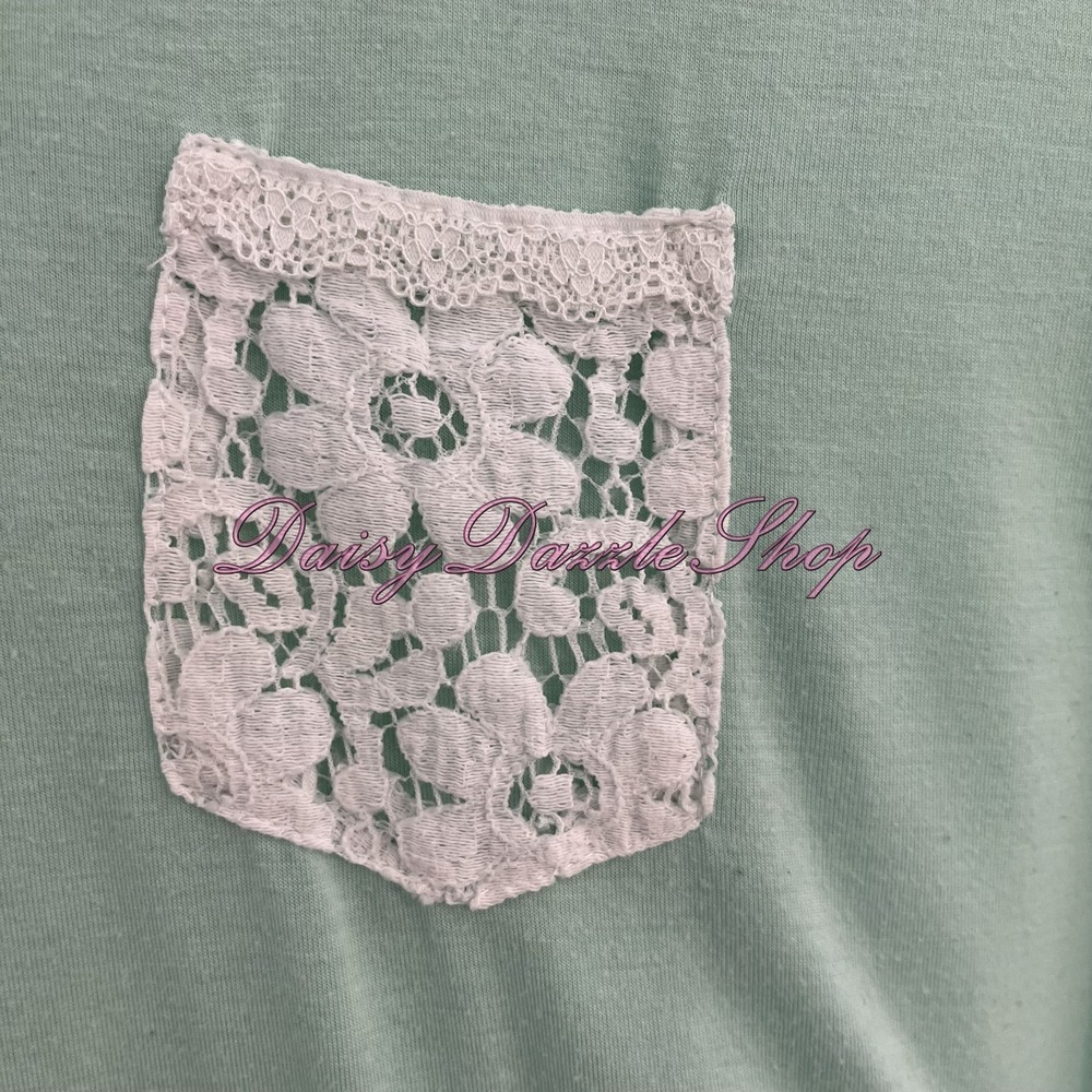 Rue21 Mint Green Knit V-Neck Short Sleeve T-Shirt XL Lace Pocket  Pullover - Picture 3 of 7